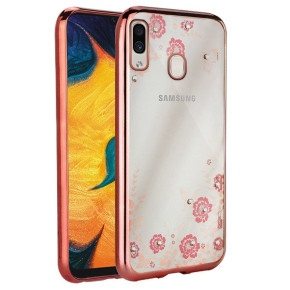 Луксозен силиконов гръб ТПУ ултратънък с 3D камъни и златисто розов кант за Samsung Galaxy A30 A305F розови цветя 